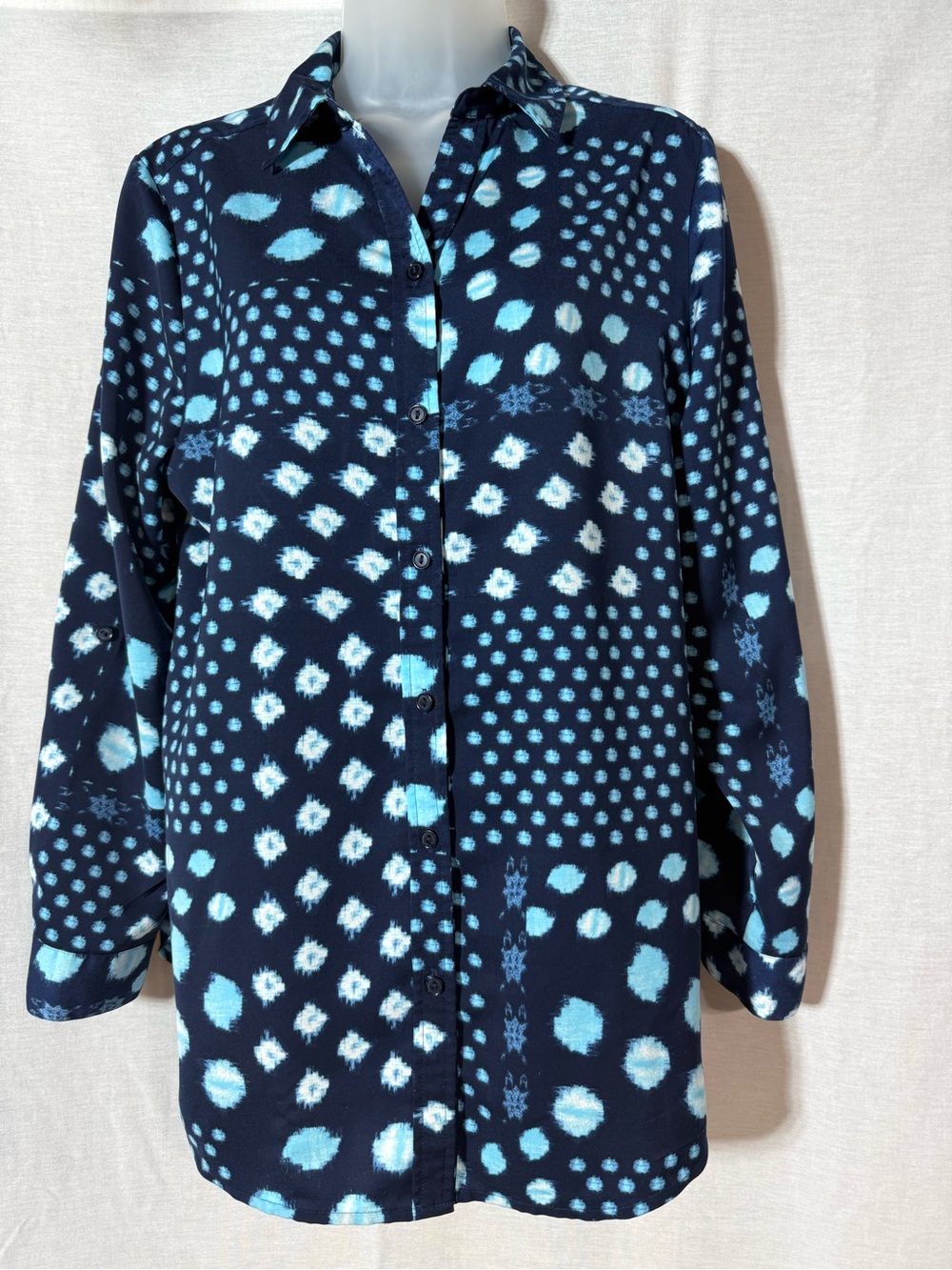 Chico's Navy and Light Blue Patterned Button-Front Shirt Size 1/medium